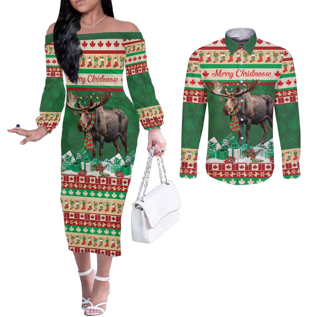 Personalized Merry Christmoose Couples Matching Off The Shoulder Long Sleeve Dress and Long Sleeve Button Shirt Canada Merry Christmas Moose