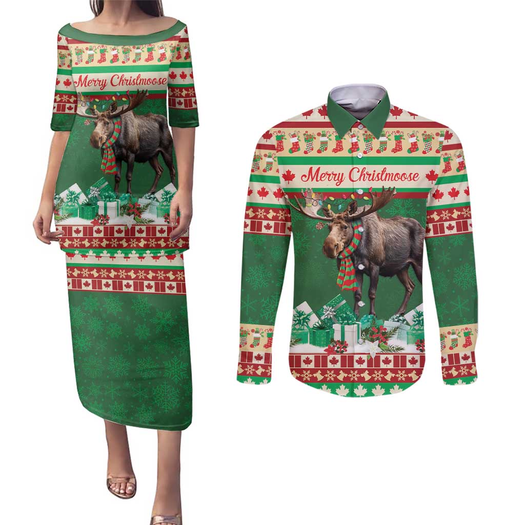 Personalized Merry Christmoose Couples Matching Puletasi and Long Sleeve Button Shirt Canada Merry Christmas Moose LT9 - Wonder Print Shop