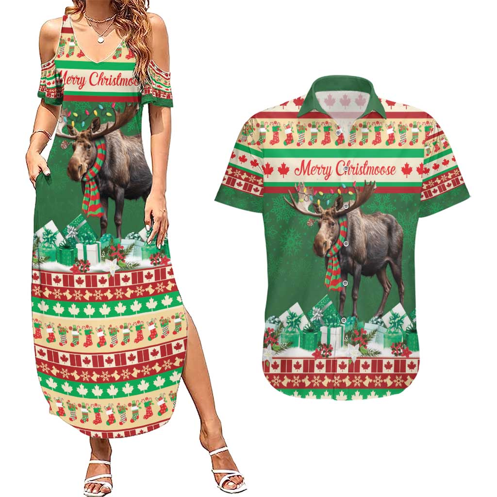 Personalized Merry Christmoose Couples Matching Summer Maxi Dress and Hawaiian Shirt Canada Merry Christmas Moose LT9 - Wonder Print Shop