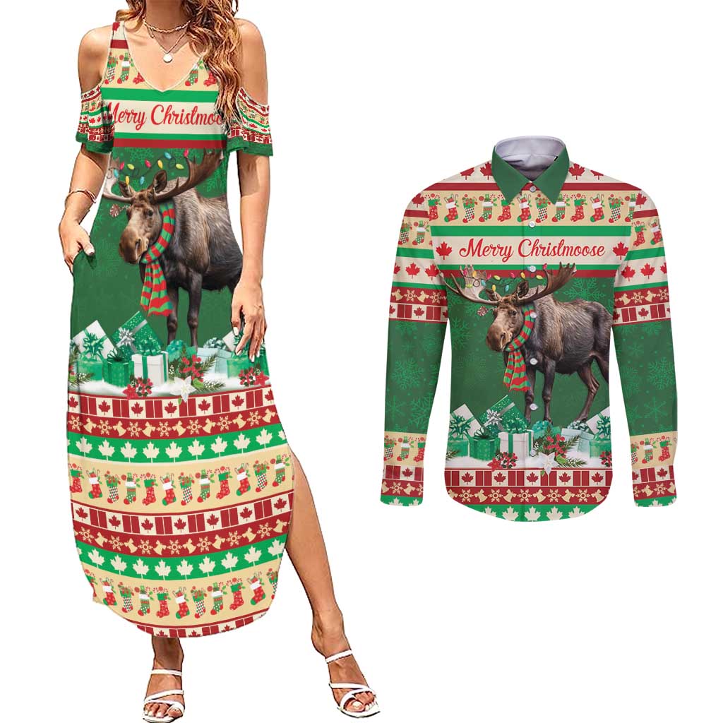 Personalized Merry Christmoose Couples Matching Summer Maxi Dress and Long Sleeve Button Shirt Canada Merry Christmas Moose LT9 - Wonder Print Shop