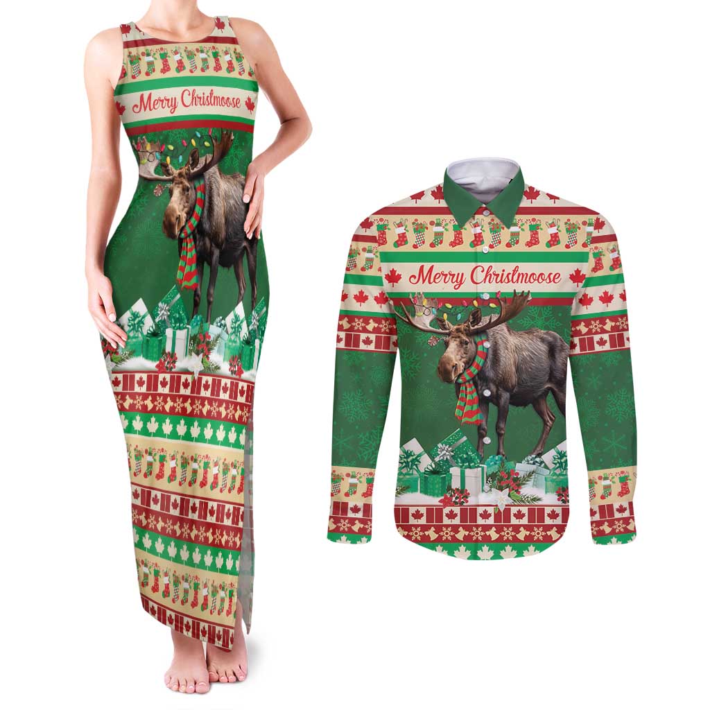 Personalized Merry Christmoose Couples Matching Tank Maxi Dress and Long Sleeve Button Shirt Canada Merry Christmas Moose LT9 - Wonder Print Shop