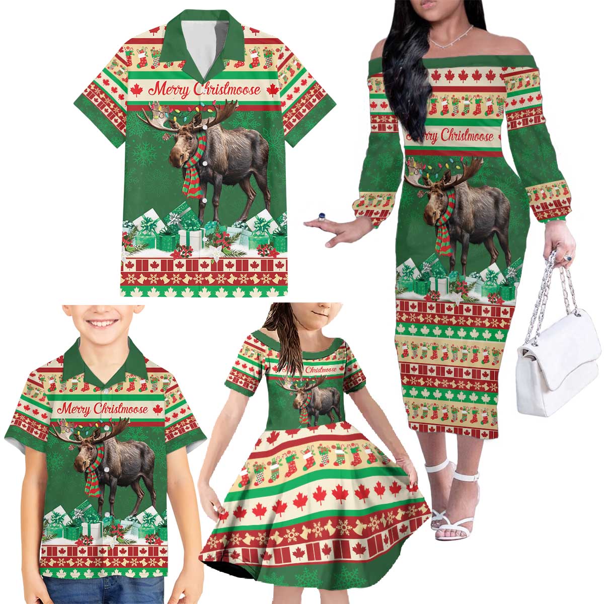 Personalized Merry Christmoose Family Matching Off The Shoulder Long Sleeve Dress and Hawaiian Shirt Canada Merry Christmas Moose - Wonder Print Shop