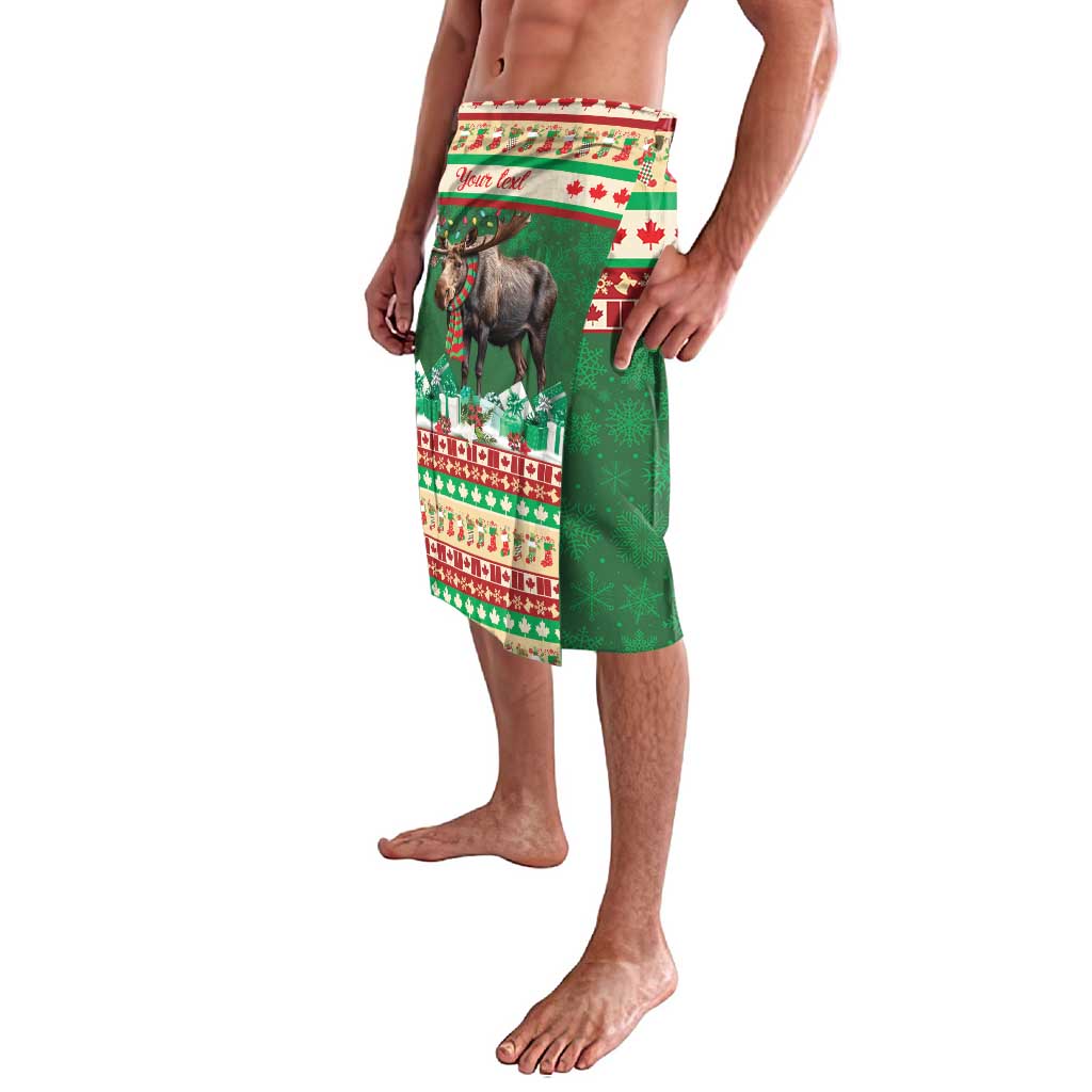 Green Christmas moose sarong with red/white stripes and 'Your text' area