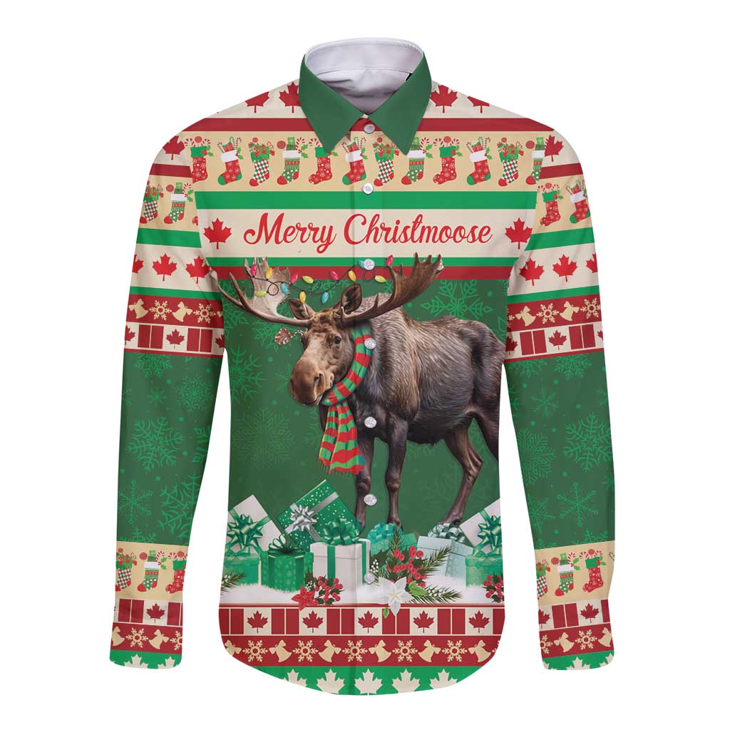 Unisex green long sleeve button shirt with moose graphic and "Merry Christmoose" text