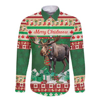 Unisex green long sleeve button shirt with moose graphic and "Merry Christmoose" text