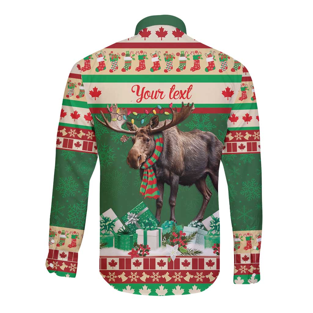 Unisex green long sleeve button shirt with moose graphic and "Your text" on back