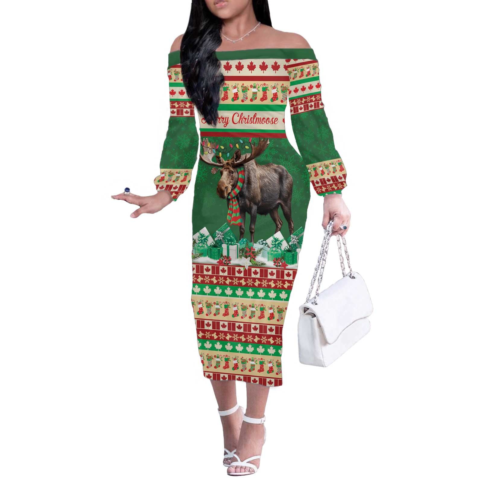 Personalized Merry Christmoose Off The Shoulder Long Sleeve Dress Canada Merry Christmas Moose - Wonder Print Shop