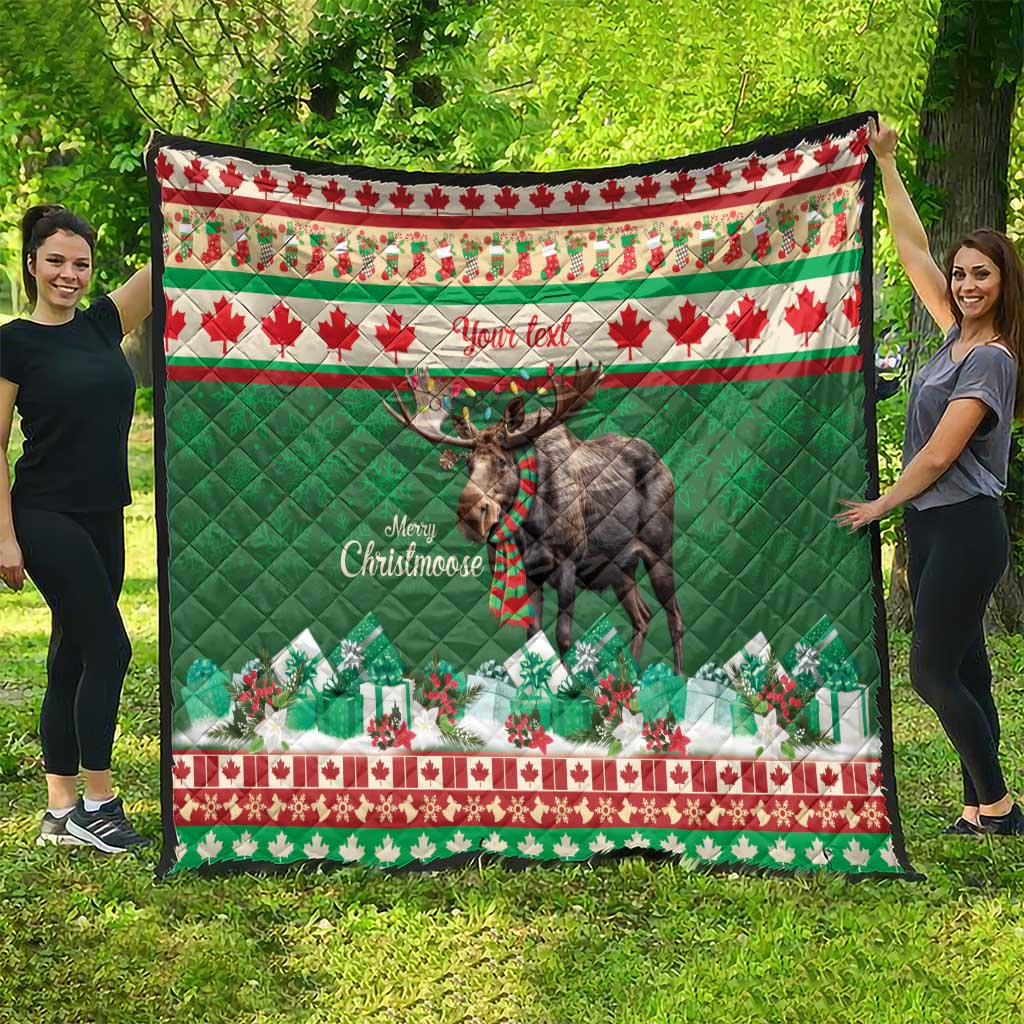 Personalized Christmas moose quilt, green and red border, moose graphic with “Your text”