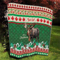 Personalized Christmas moose quilt in green with moose in plaid scarf and “Merry Christmoose”