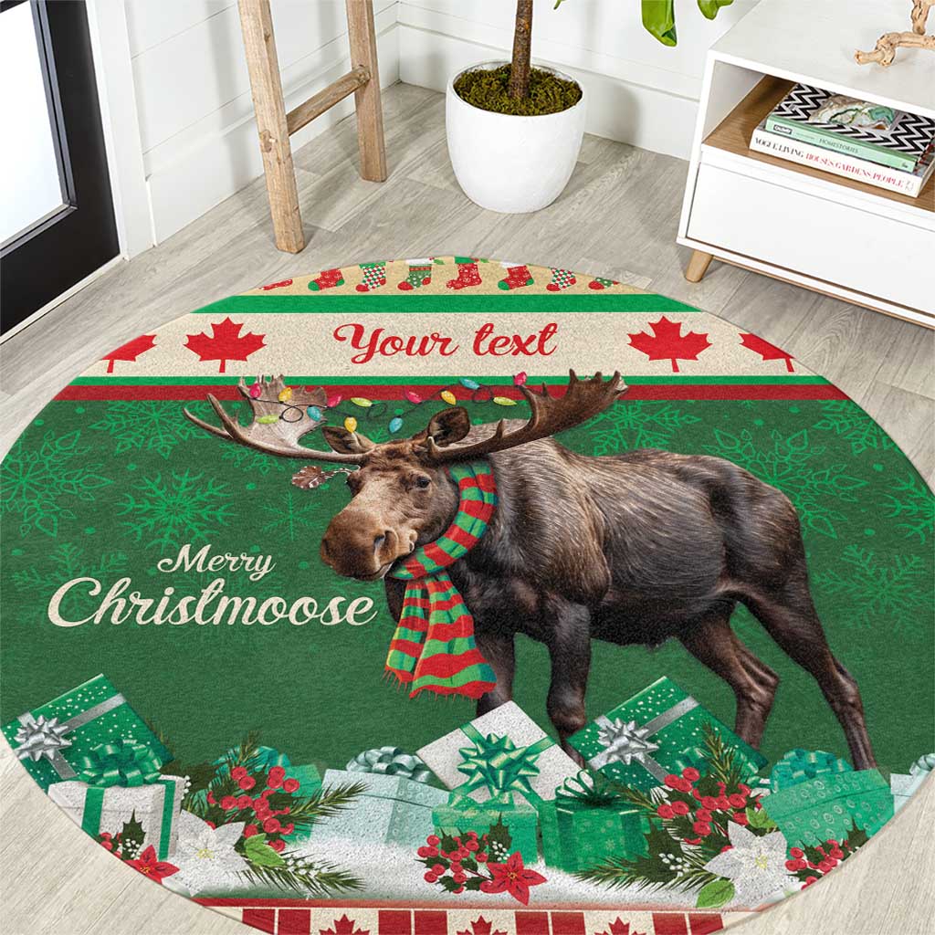 Round Christmas carpet in green with moose, plaid scarf, and red-and-white border