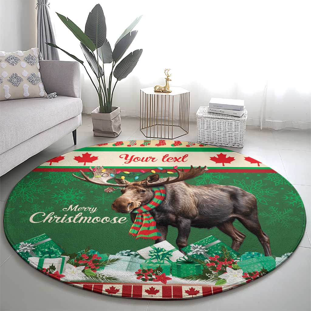 Round Christmas carpet in green with moose, 'Merry Christmoose' text, and festive red leaves