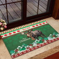 Green rubber doormat with moose wearing red scarf and festive border strip