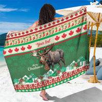 Green Christmas sarong with moose graphic and red-and-white border, personalized text area