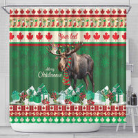 Green moose shower curtain with Your text banner, gifts, and red-and-white stripes