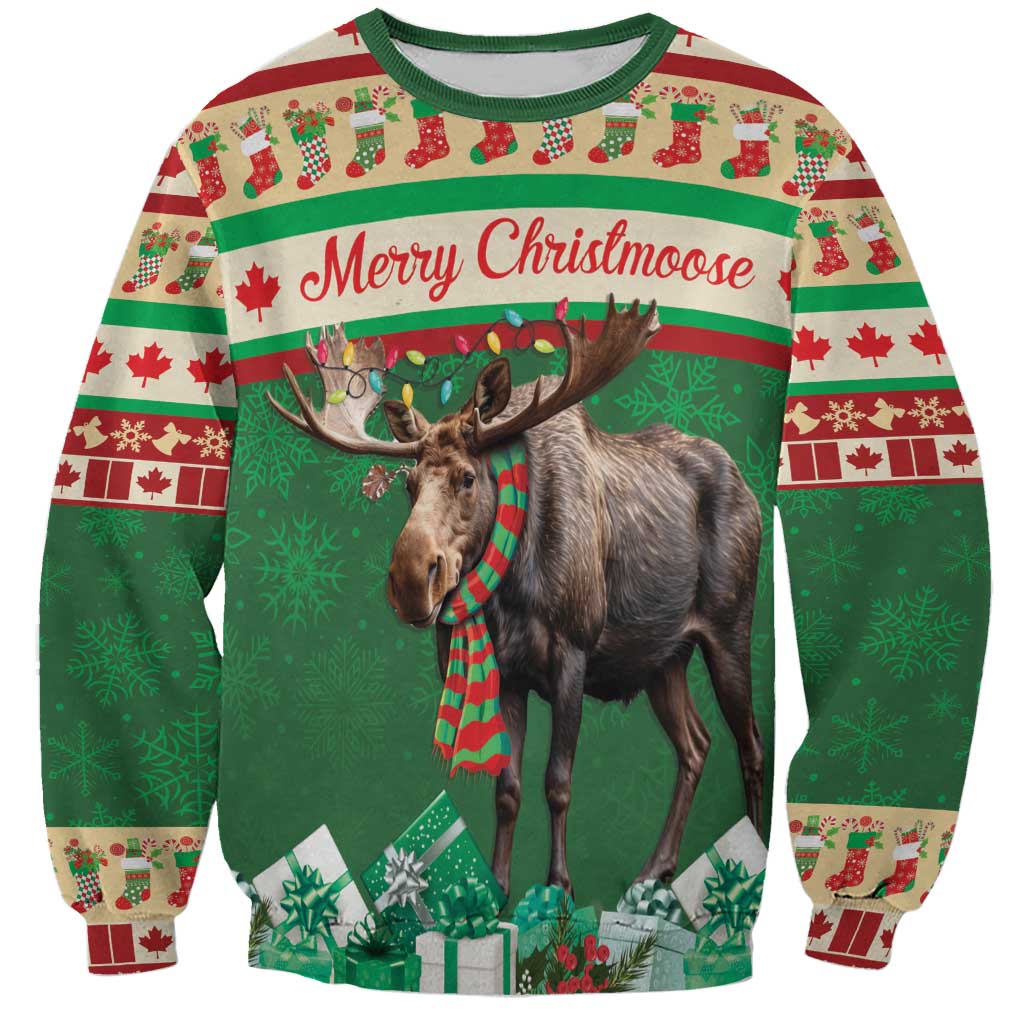 Green unisex sweatshirt with moose graphic and 'Merry Christmoose' holiday text