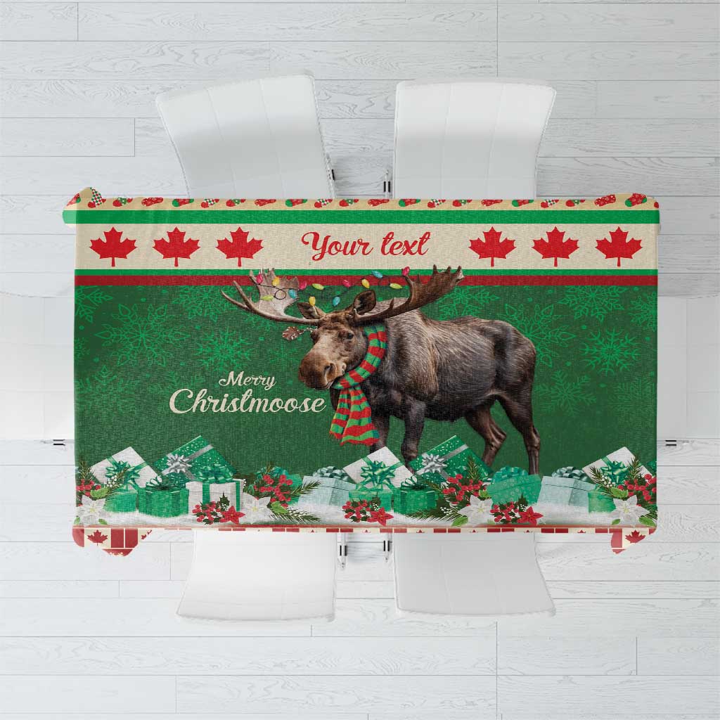 Green Christmas moose tablecloth with red maple-leaf stripe and gift print