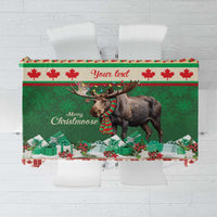 Green Christmas moose tablecloth with red maple-leaf stripe and gift print