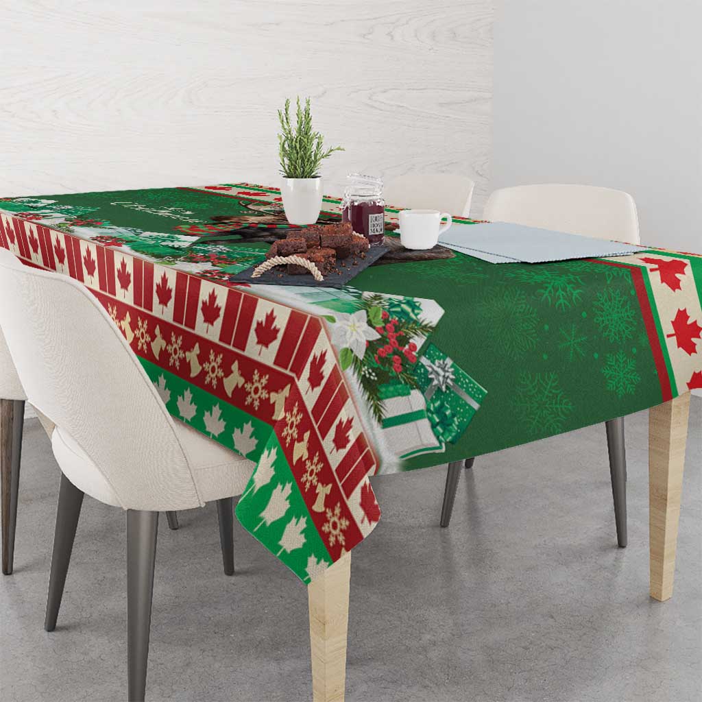 Green Christmas moose tablecloth with red striped border and festive center print