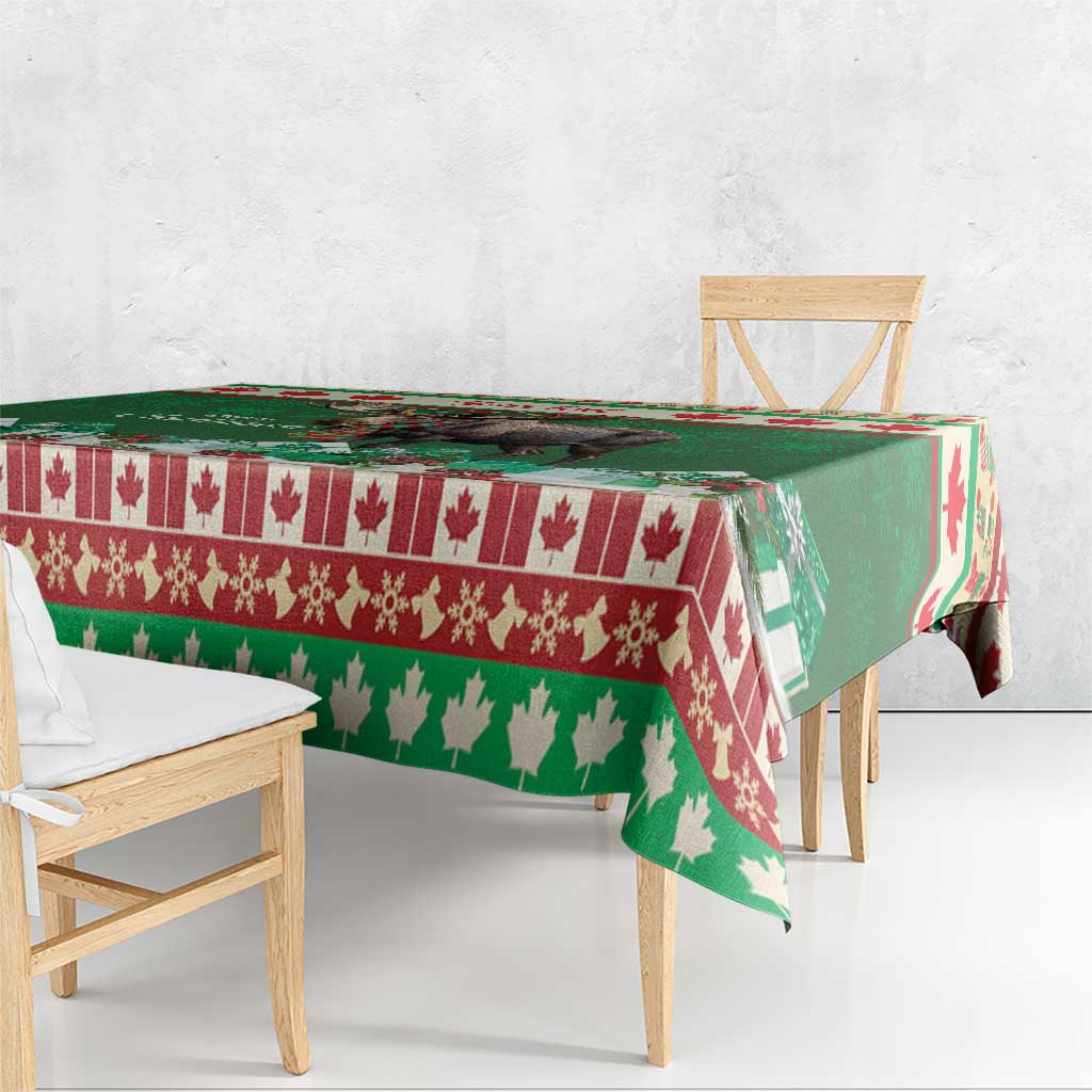 Green Christmas moose tablecloth with red border stripe and tree/leaf pattern
