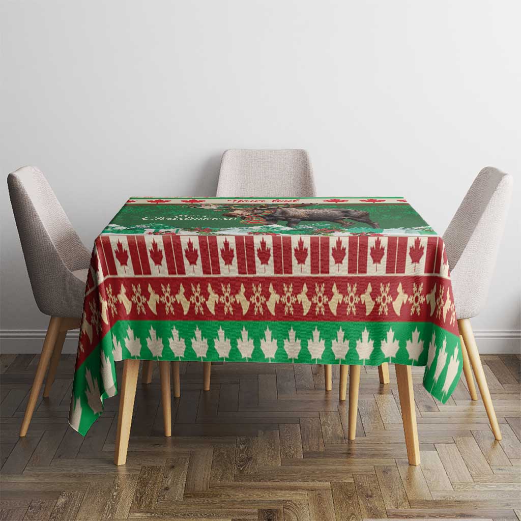 Green Christmas moose tablecloth with red, white, and green striped border