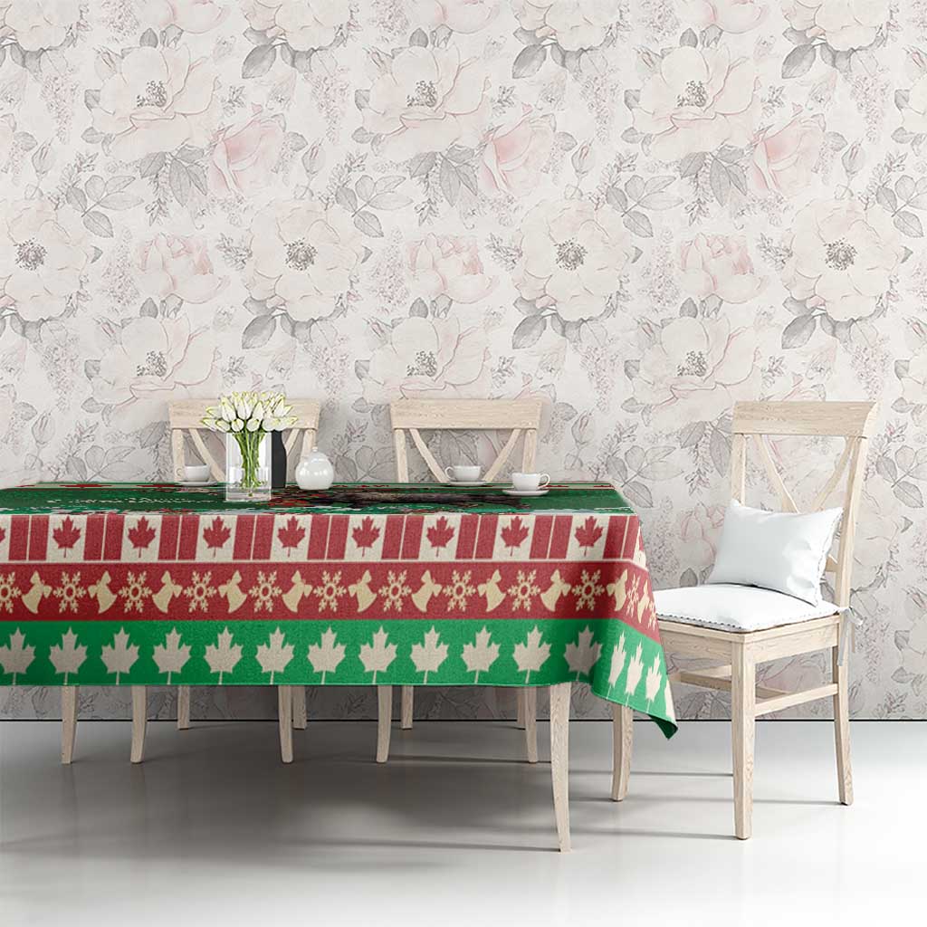 Green Christmas tablecloth with red maple-leaf stripe and green tree motif