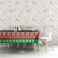Green Christmas tablecloth with red maple-leaf stripe and green tree motif