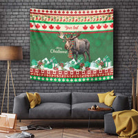 Green tapestry with moose wearing red scarf, Christmas gifts and red border