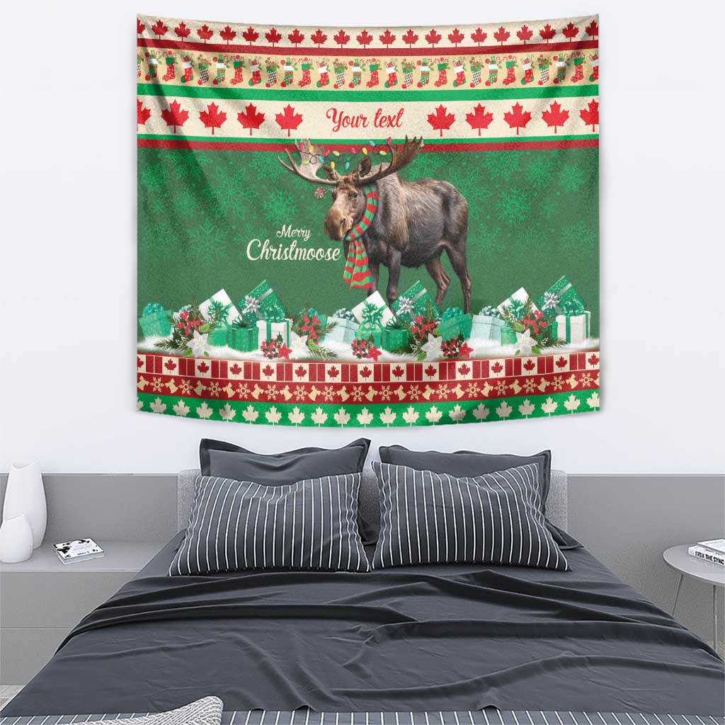 Green Christmas moose wall tapestry with gifts, maple leaves band and deer image