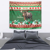 Green Christmas moose wall tapestry with gifts, maple leaves band and deer image