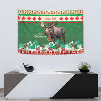 Green moose Christmas tapestry with red scarf, small houses and gift boxes
