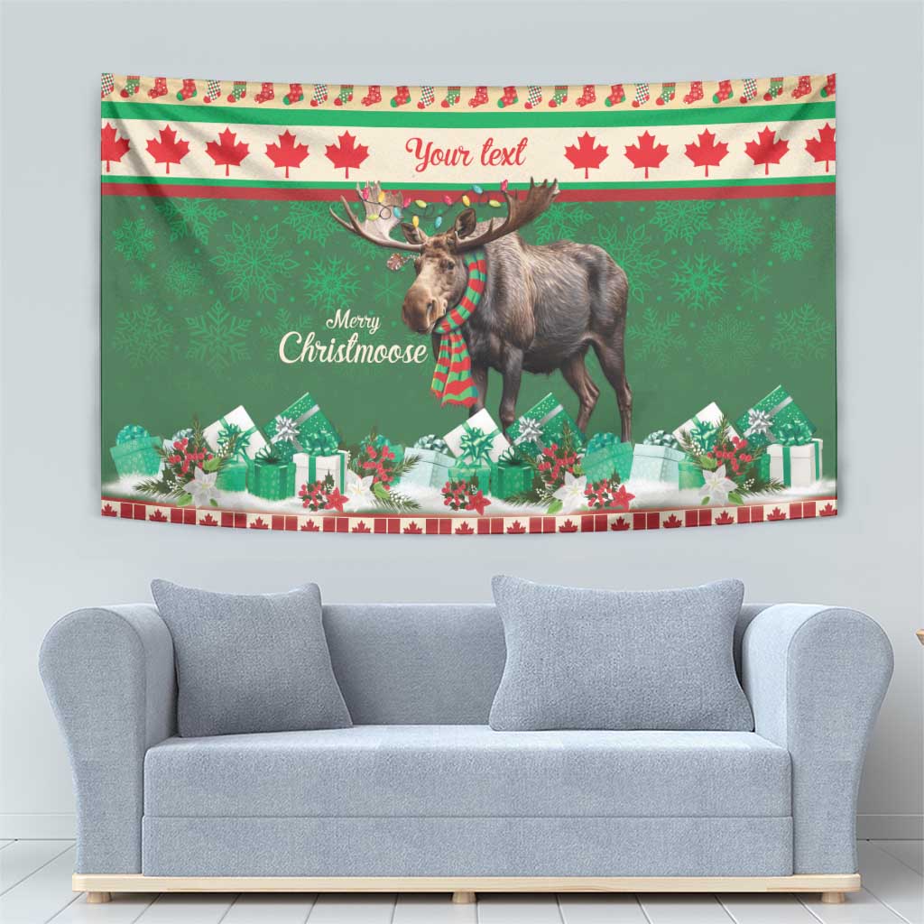 Green moose Christmas wall tapestry with red scarf, snowy trees and gift display