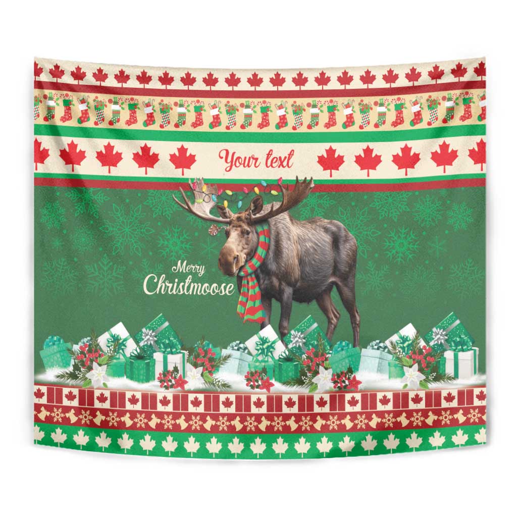 Green moose Christmas tapestry with red scarf and Your text banner