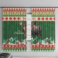 Green Christmas moose window curtain with 'Merry Christmoose' text and red maple border