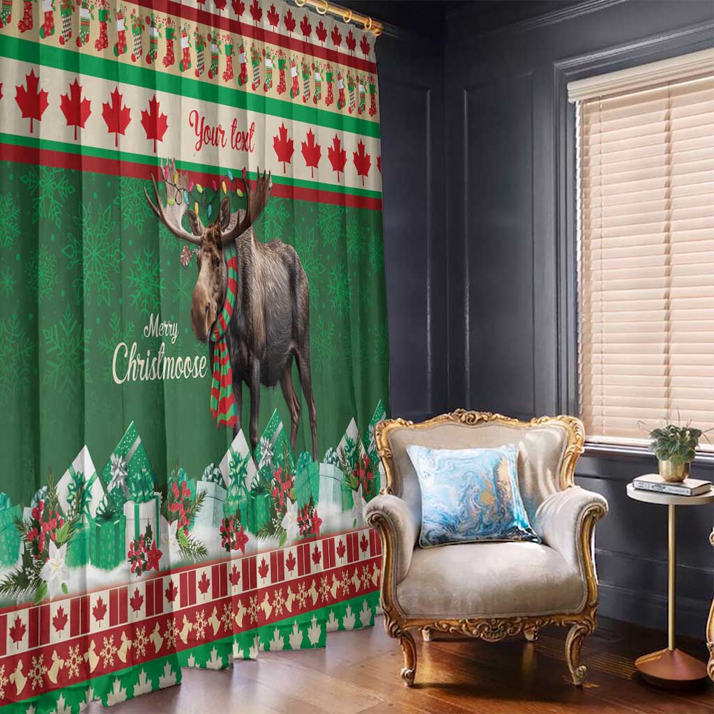 Green Christmas moose window curtain showing moose portrait and 'Merry Christmoose' slogan