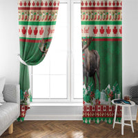 Green Christmas moose window curtain panel with red maple top band and 'Merry Christmoose'