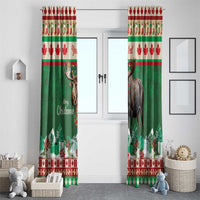 Green moose Christmas window curtain set with red maple strip and pine-and-flower hem