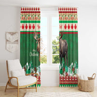 Green Christmas moose window curtain pair with 'Merry Christmoose' text centered