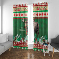 Green Christmas moose window curtains with 'Merry Christmoose' text and red maple border