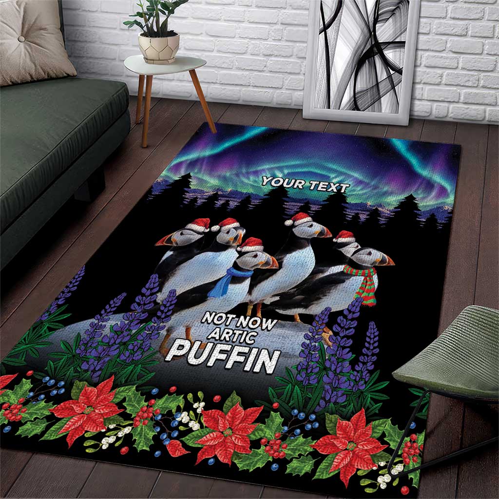 Personalized arctic puffin area rug with northern lights, puffins, and poinsettias on dark background