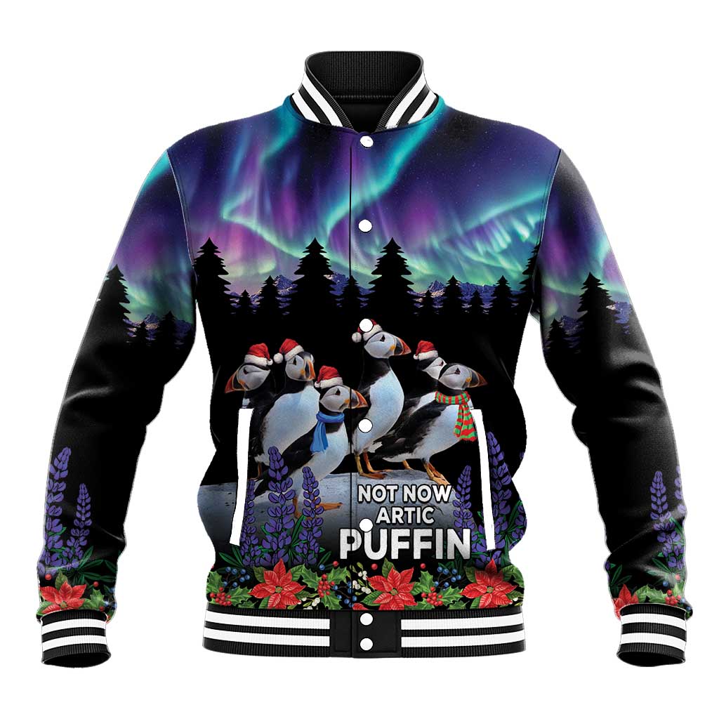 Black unisex varsity jacket with puffin graphic, striped collar and cuffs, winter night print