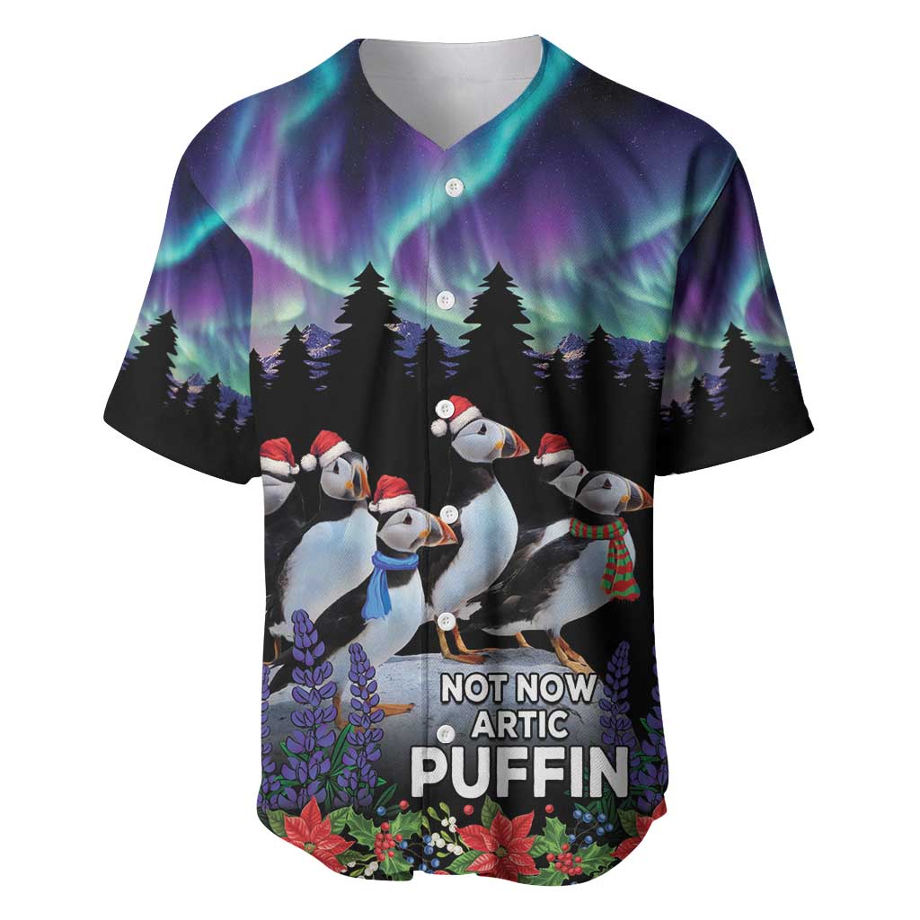 Black puffin baseball jersey with northern lights, pine trees, and 'NOT NOW ARCTIC PUFFIN' text
