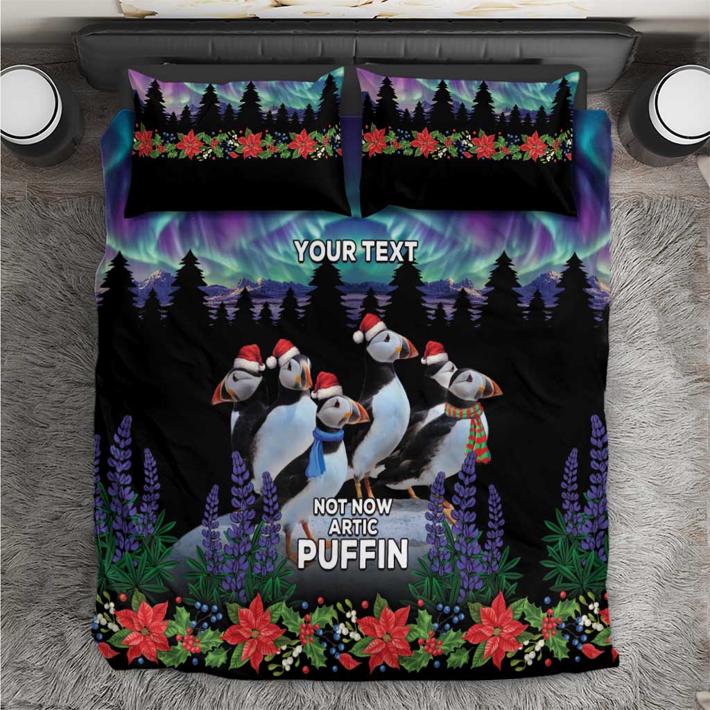 Black bedding set with two pillowcases and duvet, arctic puffin penguin print, pine and flowers