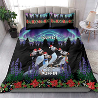 Black duvet cover and two pillowcases with arctic puffin penguin scene, northern lights sky