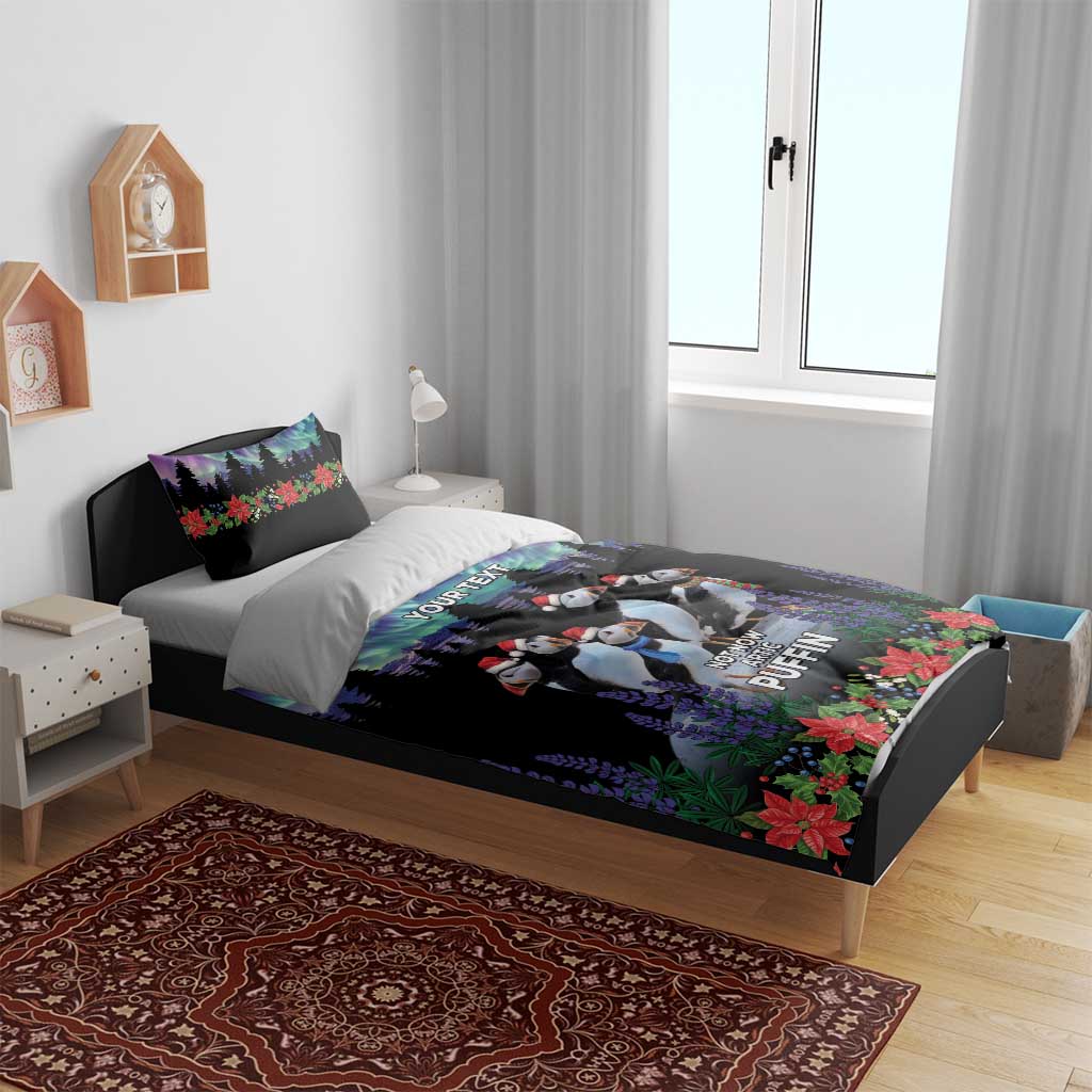 Black duvet cover with arctic puffin penguin design, purple flowers and tall lavender plants