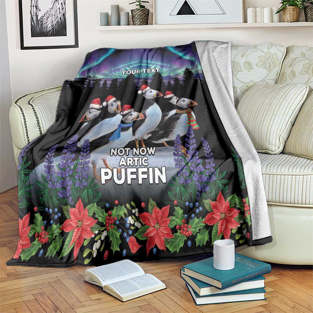 Black puffin holiday blanket with aurora lights, penguins, poinsettias, and “YOUR TEXT”