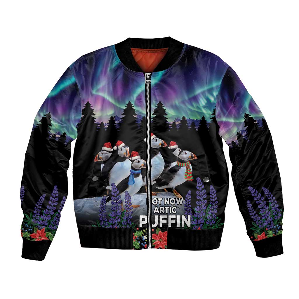 Unisex black bomber jacket with puffins, front zip, ribbed cuffs and hem