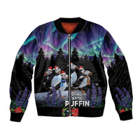 Unisex black bomber jacket with puffins, front zip, ribbed cuffs and hem