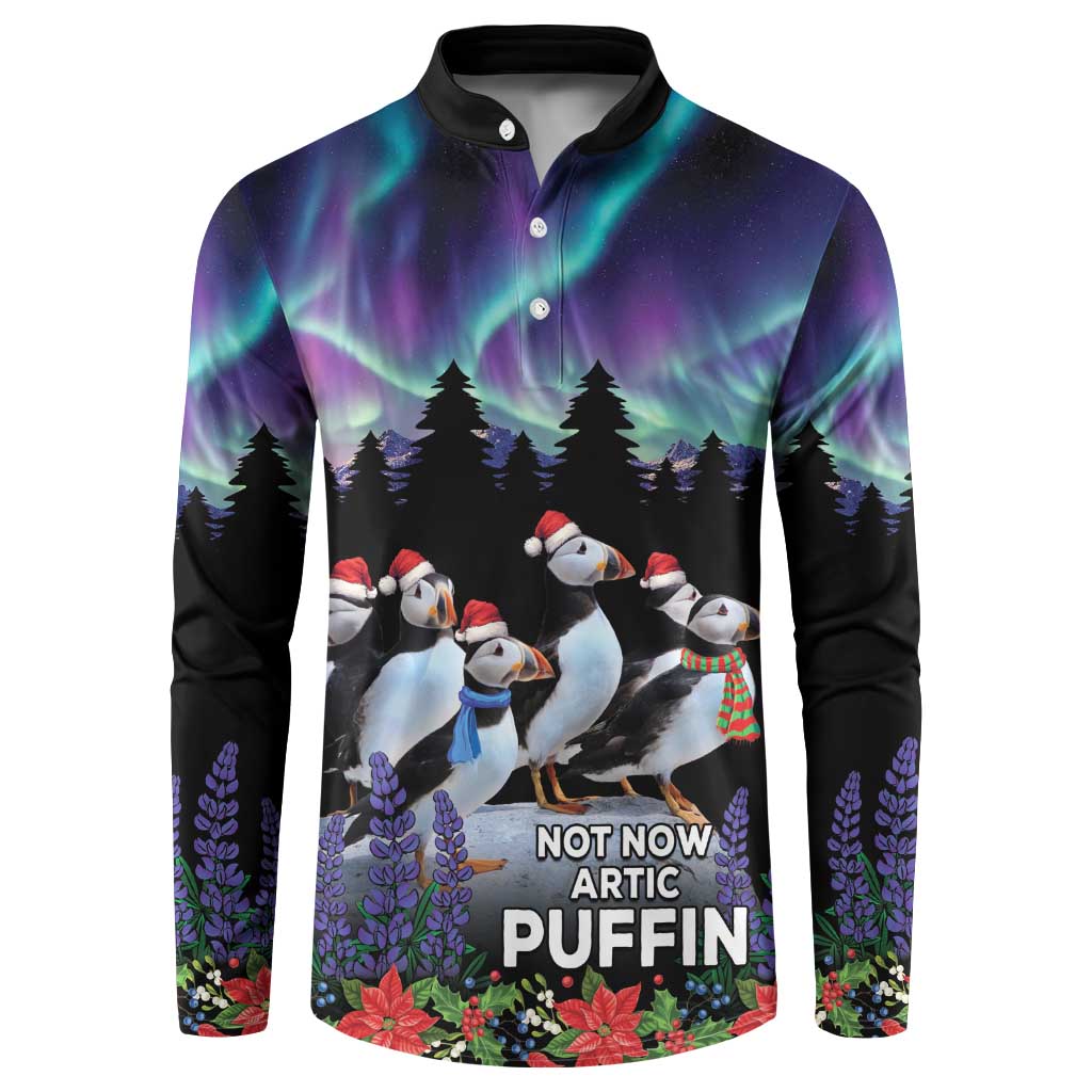 Black button sweatshirt with aurora, puffin graphic and “NOT NOW ARCTIC PUFFIN” text