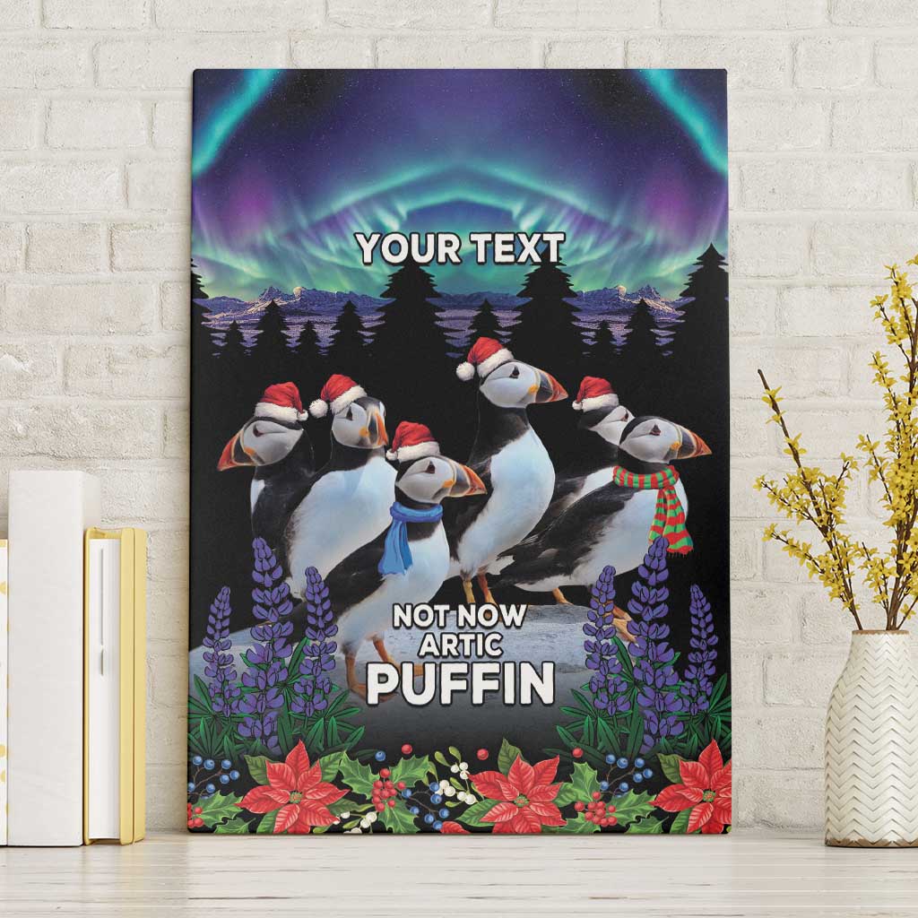 Black canvas wall art with puffin group in winter hats, northern lights and “NOT NOW ARTIC PUFFIN”.