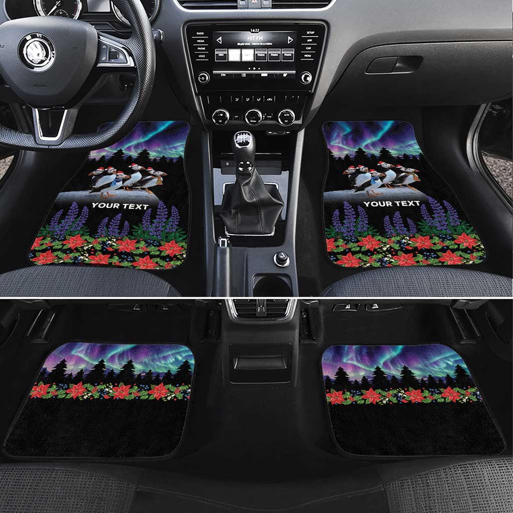 Set of 2 black car floor mats with aurora puffin and floral design; 'YOUR TEXT'.